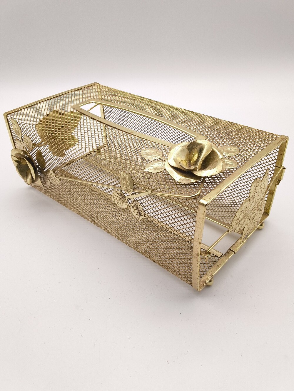 Vintage Gold Wire Mesh Tissue Box Cover Holder - Brass Ornate Rose, MCM